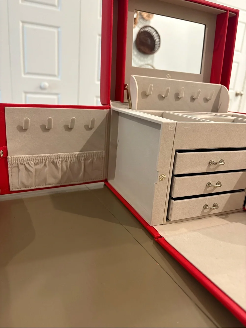 Red Jewelry Storage Case with Gold Accent Handle
